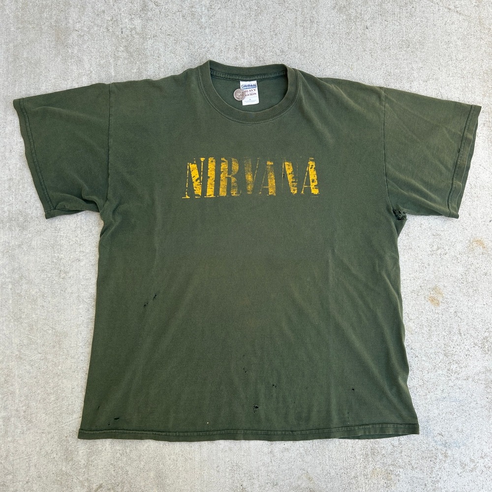 Gildan Nirvana T Shirt XL Green Vintage 2003 Band Tee Faded Distressed Grunge